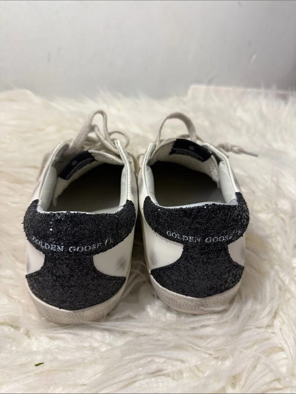 Golden Goose Super Star White Low-Top Sneaker with Beige Star and Black Glitter - Picture 7 of 11